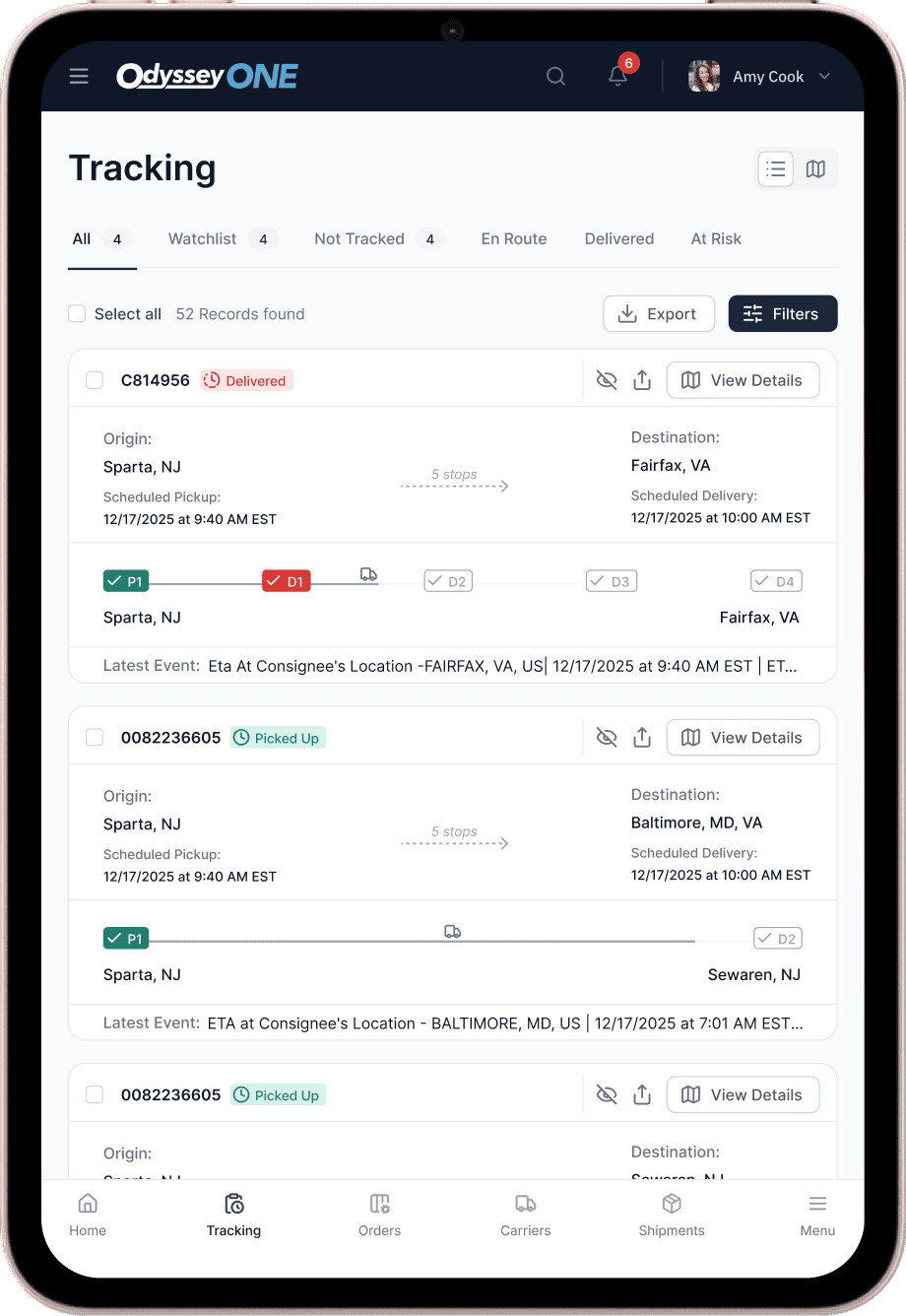 OdysseyONE tracking list on iPad